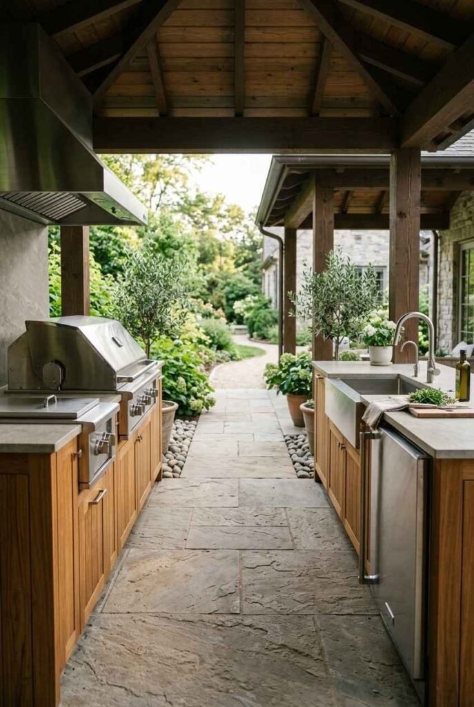 Semi-Outdoor Kitchen Ideas: 30 Covered Designs for Patios, Porches, and Balconies 4 L-shaped covered patio kitchen with grill, sink, and fridge arranged in a work triangle
