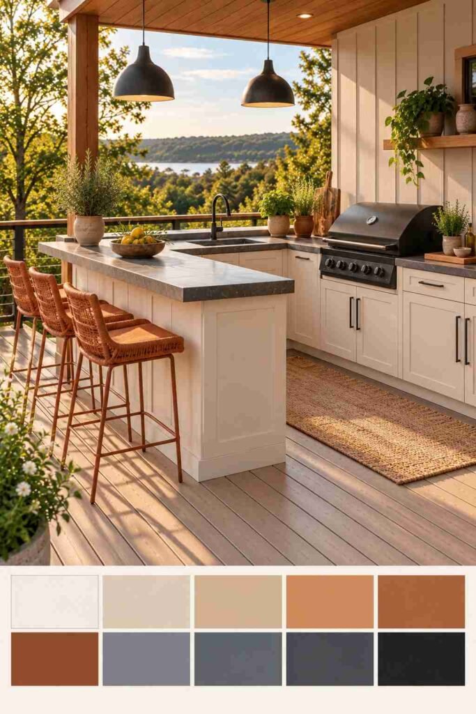 30 Outdoor Kitchen Ideas on Deck: Smart Layouts, Materials for Small, Mid-Size, and Large Spaces 9 L-shaped deck kitchen with terracotta stools and slate counters, with a ten-swatch neutral color palette strip below.