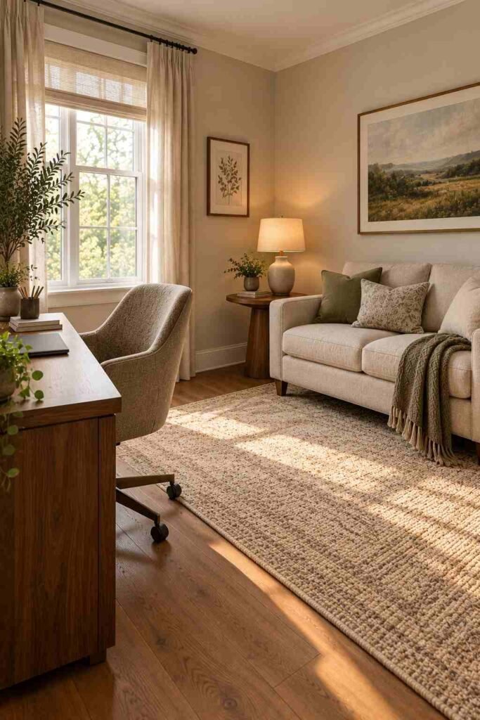 L-shaped home office layout with desk and loveseat and a side table in the corner
