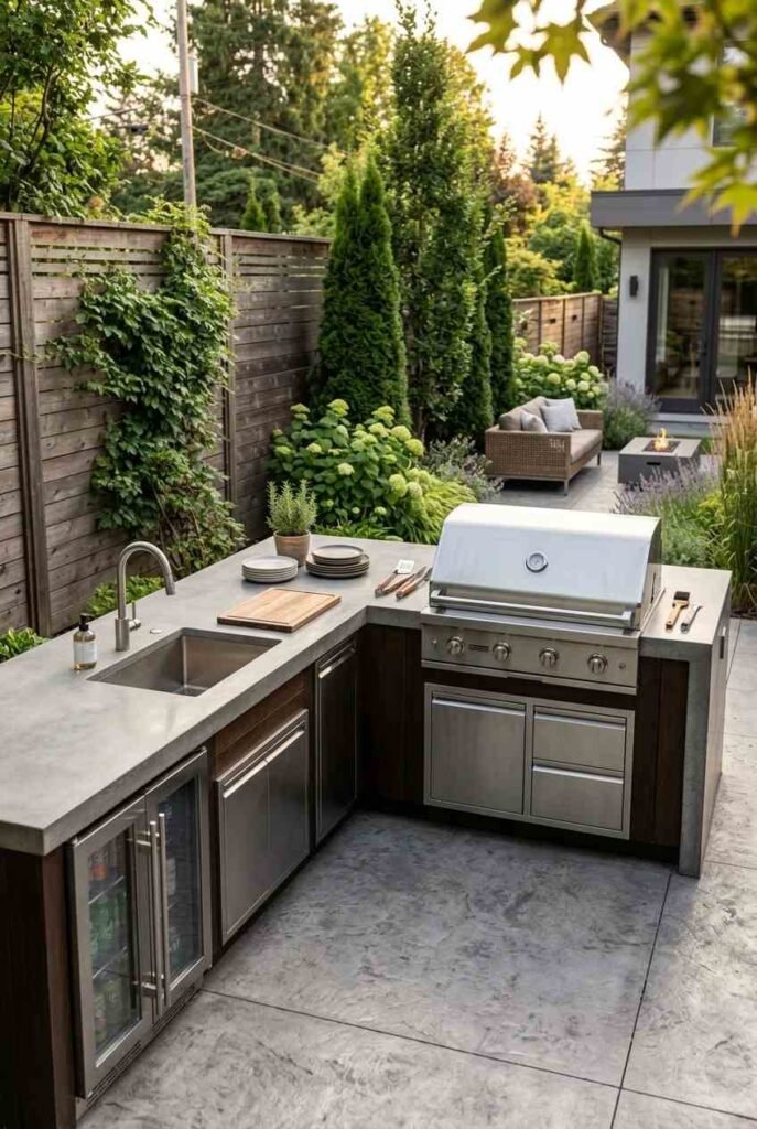 L-shaped grill counter with sink and fridge forming an efficient outdoor cooking triangle.