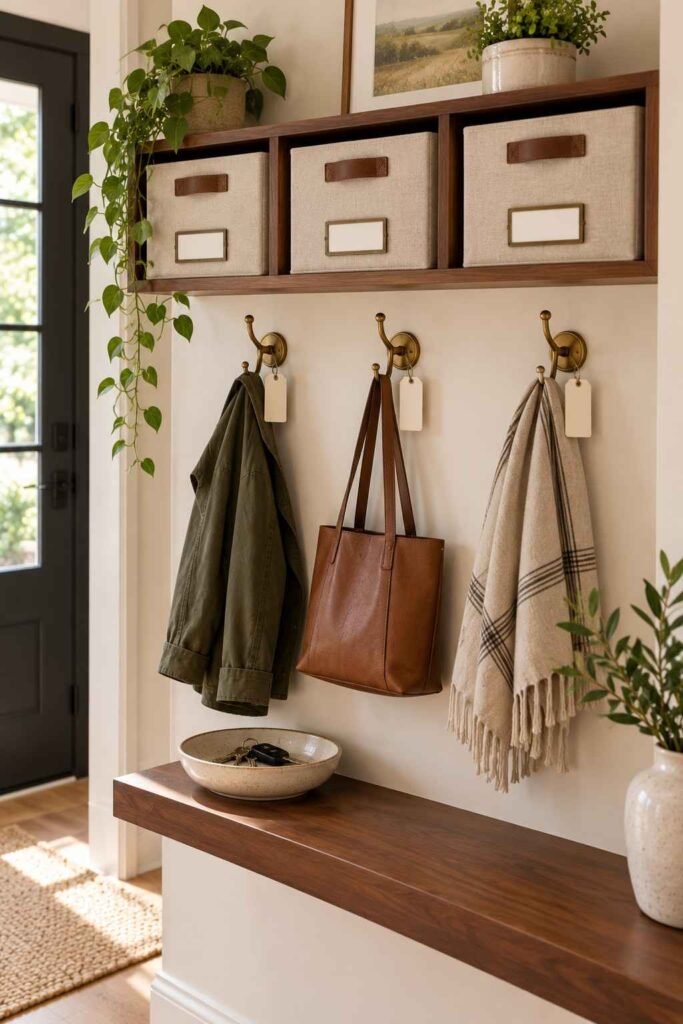 Entryway shelf with labeled bins and individual hooks giving every item a clear home