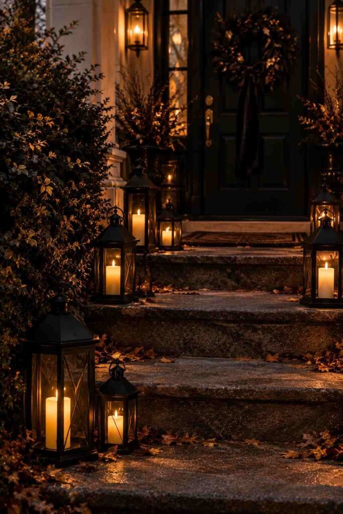 28 Elegant Black & Gold Halloween Ideas for Your Porch, Table & Party Spooky Season 5 Black lanterns with golden candle glow lining porch steps for Halloween.