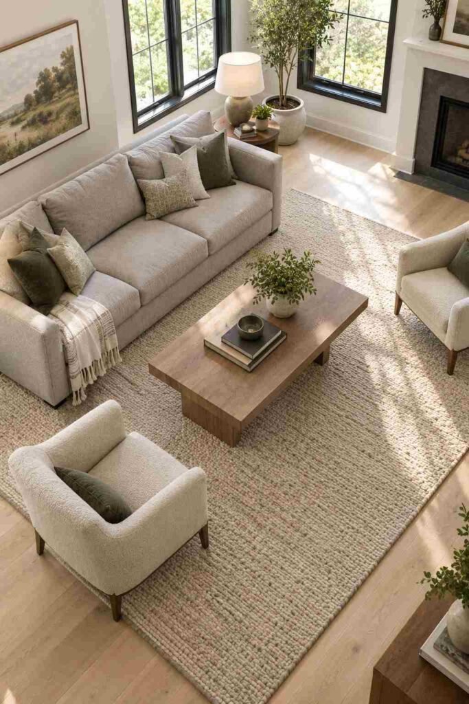 25 Stunning Home Remodeling Living Room Ideas to Refresh Your Space 12 Living room with a large wool rug under the sofa and armchairs, with all front legs resting on the rug.