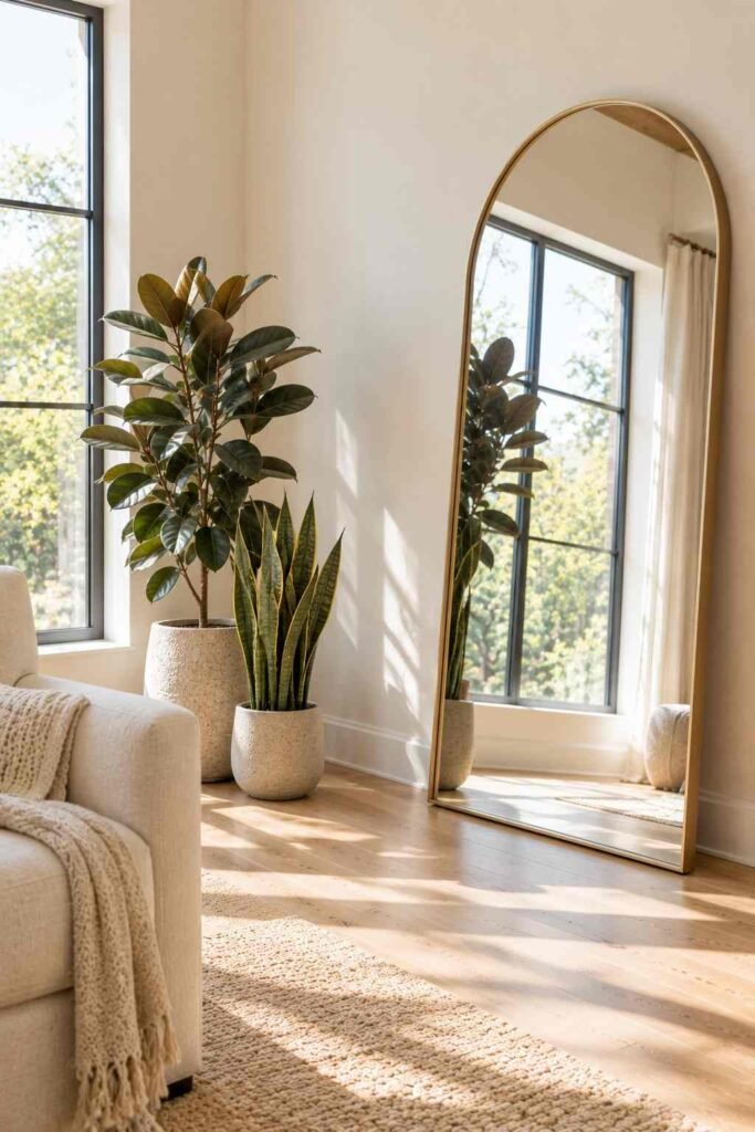 25 Stunning Home Remodeling Living Room Ideas to Refresh Your Space 20 Oversized floor mirror opposite a window reflecting daylight, with potted plants in the corner.