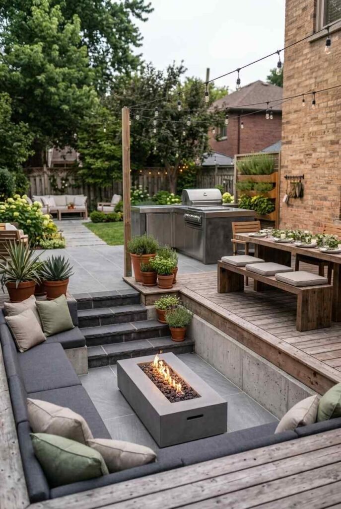 Large-format porcelain pavers on a modern grill patio with thin grout lines.