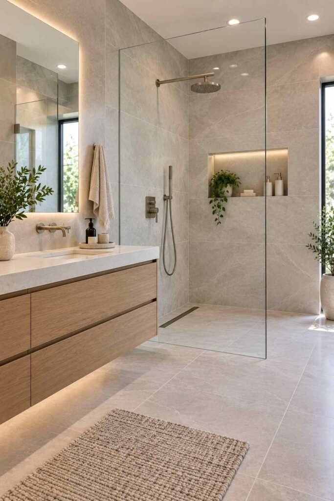 Bathroom walls covered in large-format light gray porcelain tile with thin grout lines.