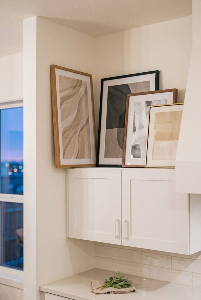 Large framed prints leaning against the wall above white kitchen cabinets.