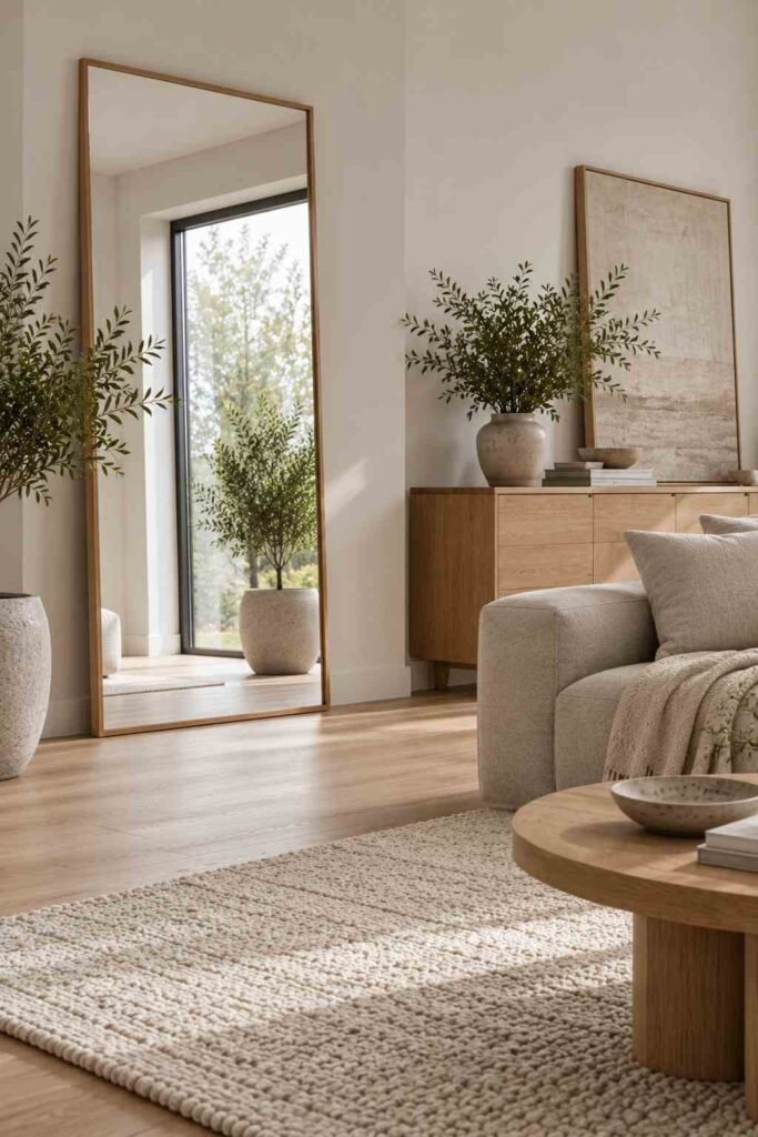 Leaning oak-framed mirror reflecting daylight in a Nordic living room