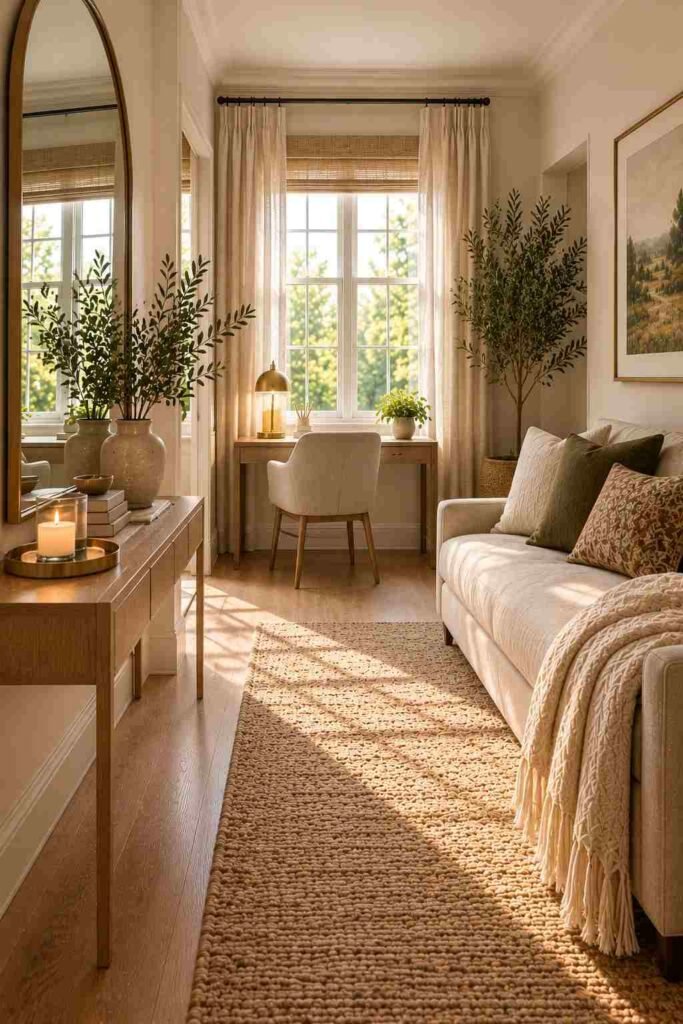 Large mirror and console table with mirrored tray reflecting light near a home office couch