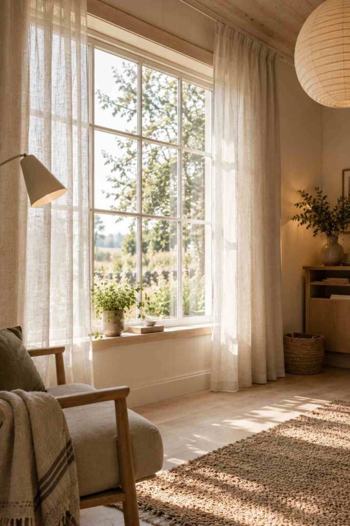 Large window with sheer linen curtains letting daylight into a Scandinavian shed interior.