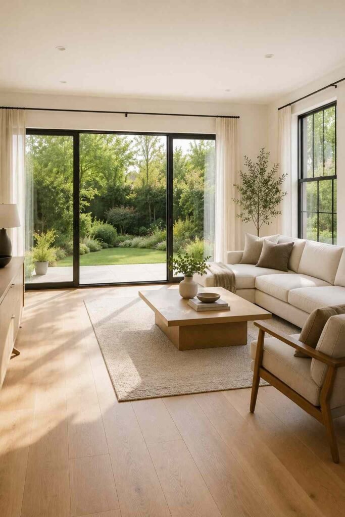 25 Stunning Home Remodeling Living Room Ideas to Refresh Your Space 5 Living room with floor-to-ceiling windows and a sliding glass door opening onto a garden.