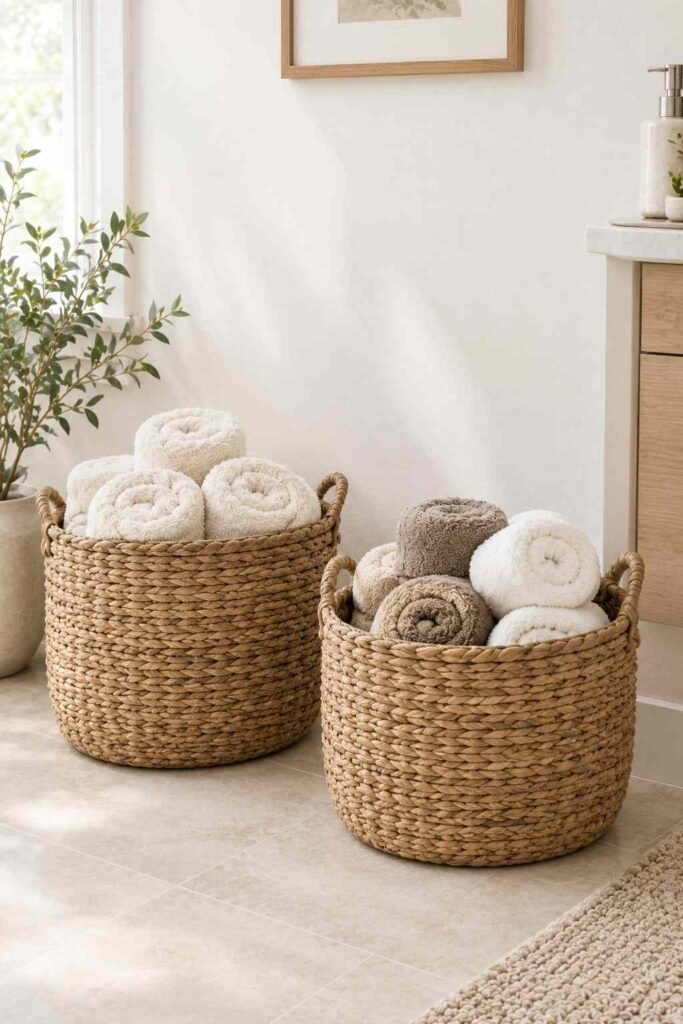 27 Bathroom Storage Ideas For Towels That Fit Into Tiny Powder Rooms to Primary Baths 10 Two woven floor baskets filled with rolled bath towels.