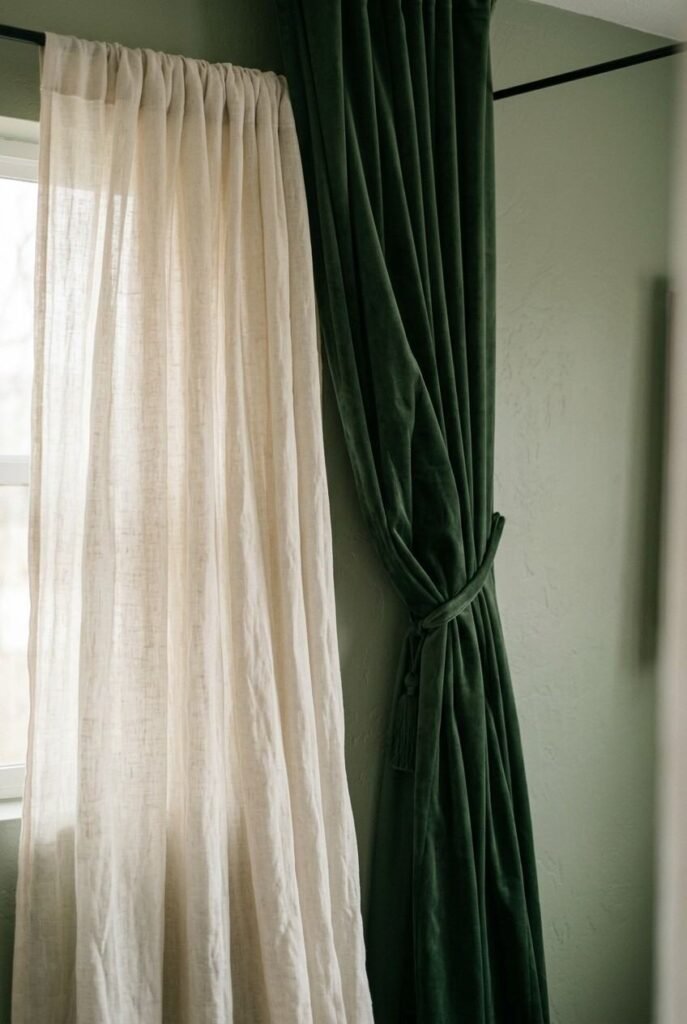 Layered cream and green bedding with a jute rug and rattan bench in a canopy bedroom.