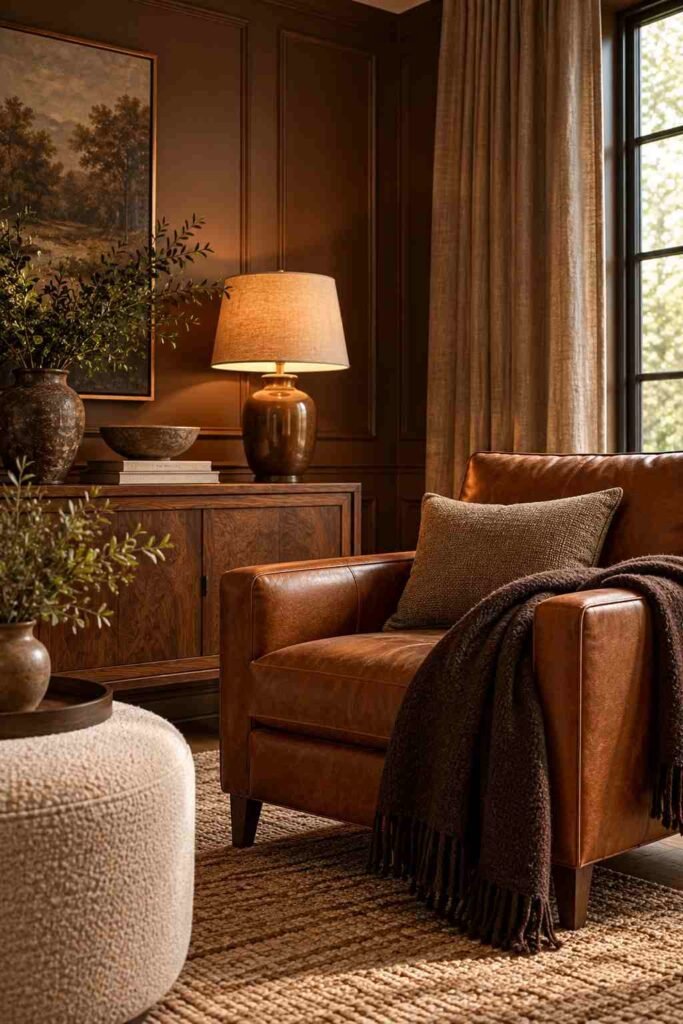 Layered brown tones in a dark living room with walnut, leather, linen and wool textures.