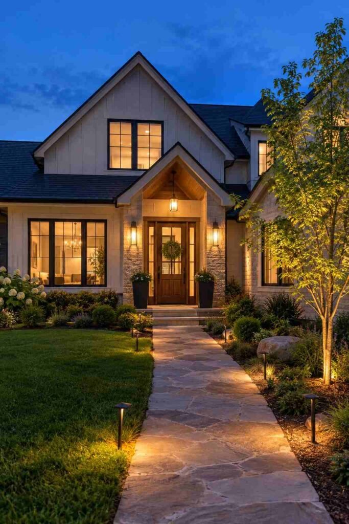 Layered warm exterior lighting with sconces and path lights at dusk