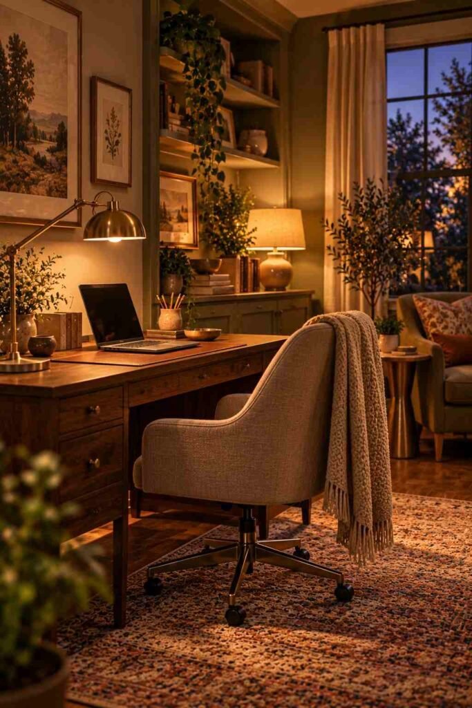 Layered warm lighting in an aesthetic home office decor setup at dusk