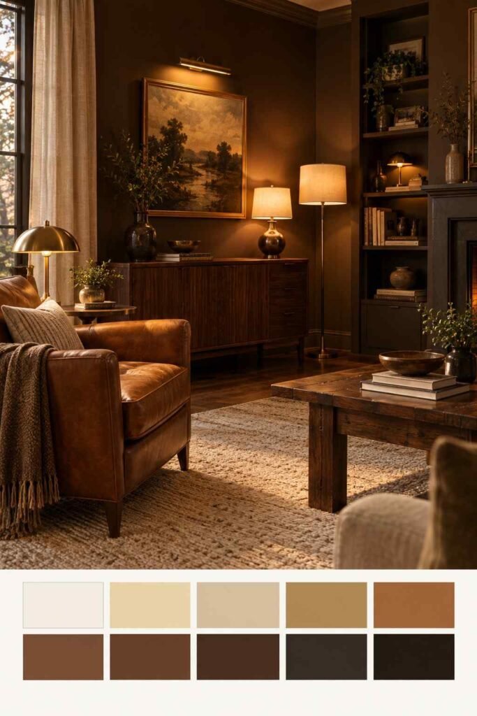 Brown living room with layered brass lamp lighting, plus a ten-color warm palette strip beneath.