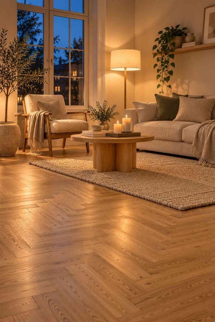30 Scandinavian Interior Design Ideas with Wood Block Flooring for a Warm, Light-Filled Home 19 Warm evening lighting, candles and plants on a glowing oak wood block floor
