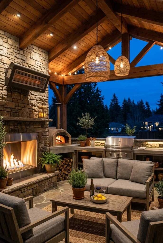 Semi-Outdoor Kitchen Ideas: 30 Covered Designs for Patios, Porches, and Balconies 18 Covered outdoor kitchen at night with task lights, pendants, and string lighting