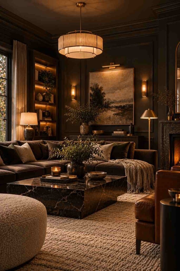 Dark living room with pendant, table lamps, sconces and picture light creating layered lighting