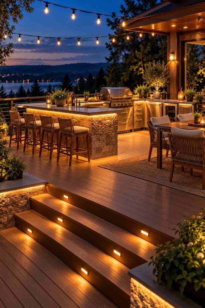 30 Outdoor Kitchen Ideas on Deck: Smart Layouts, Materials for Small, Mid-Size, and Large Spaces 19 Deck kitchen at dusk with under-counter LED strips, string lights, and step lights.