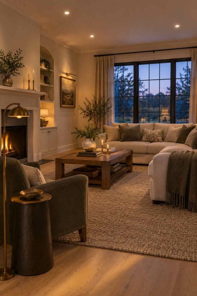 25 Stunning Home Remodeling Living Room Ideas to Refresh Your Space 14 Living room lit by ceiling lights, a reading lamp and a picture light over artwork.