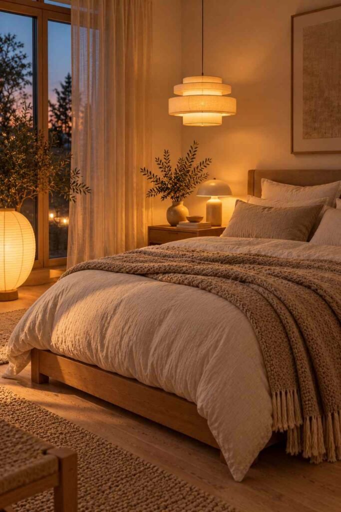 Nordic bedroom at dusk with a pendant lamp, bedside lamp, and warm layered lighting