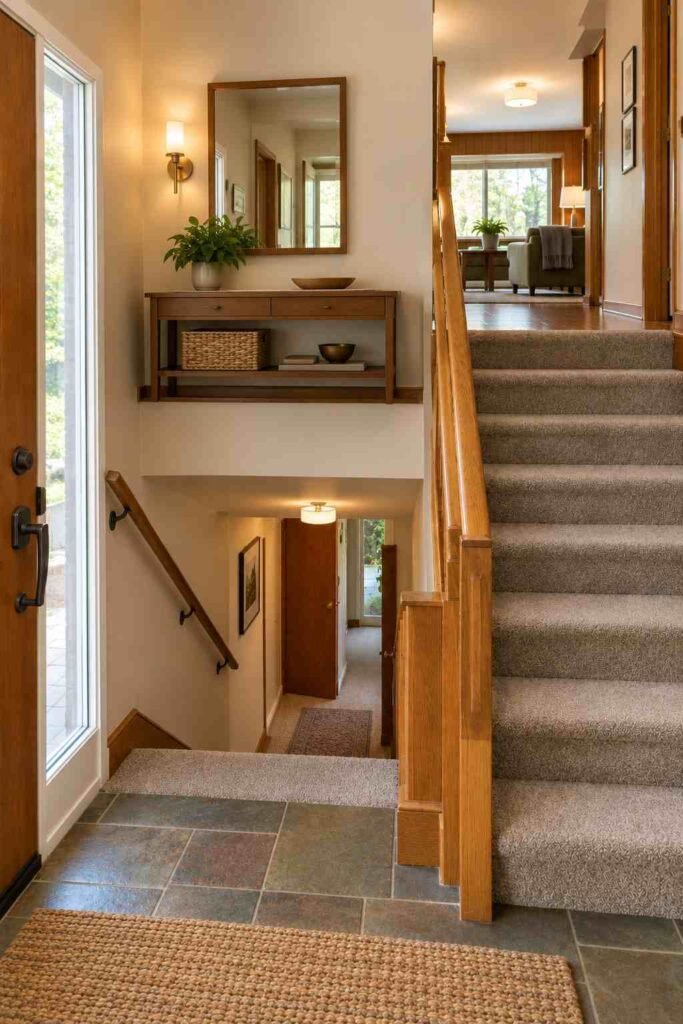 Brass wall sconce and warm ceiling light brightening a small split foyer landing.