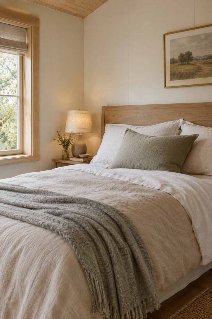 Layered linen bedding in flax and white on a simple wooden bed.
