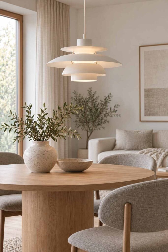 Layered white pendant lamp hanging in a Scandinavian living room