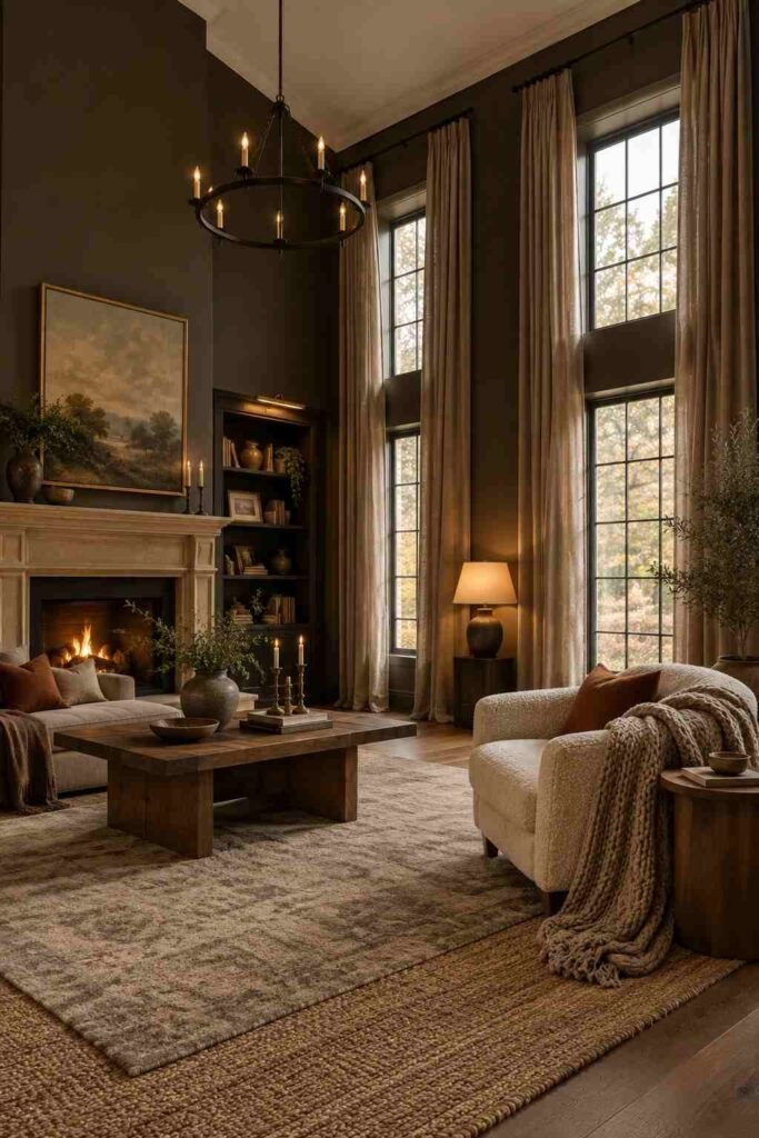 28 Dark Living Room Ideas for High Ceilings That Feel Rich, Not Gloomy (Paint, Lighting & Layout) 15 Layered rugs and bouclé chair in a dark living room