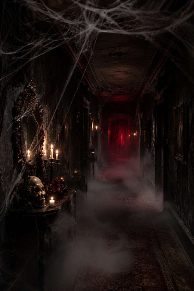 28 Halloween Party Decorations Scary Enough to Terrify Every Guest 2 Dimly lit hallway with cobwebs, floor fog, and flickering candles showing layered scary Halloween party decor.