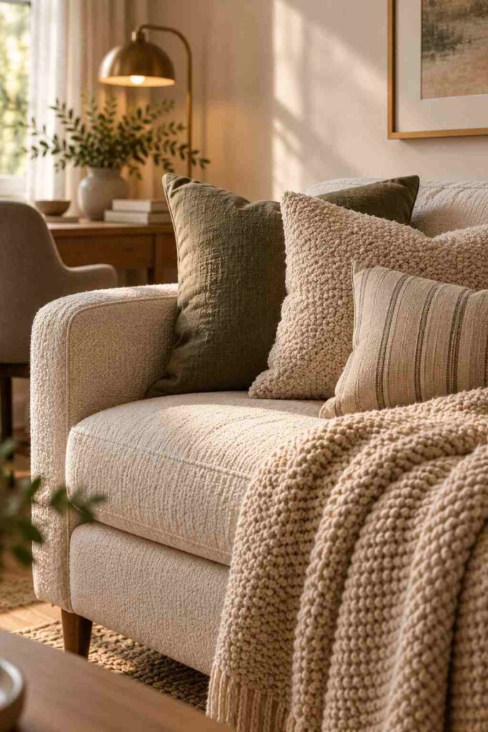Layered bouclé, linen, and knit pillows on a couch in a home office