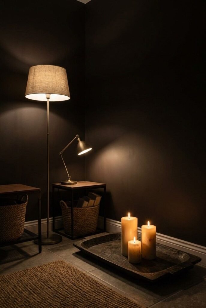 Layered warm lighting and candles in a dark Scandinavian living corner