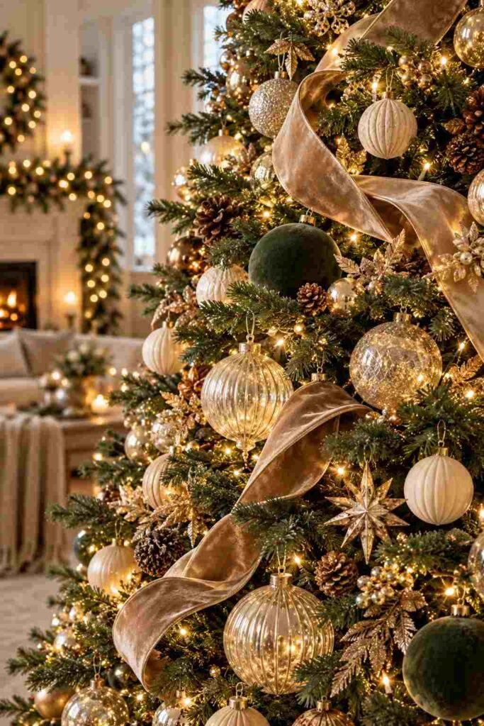 Close-up of a Christmas tree decorated in layers with lights, ribbon and ornaments.