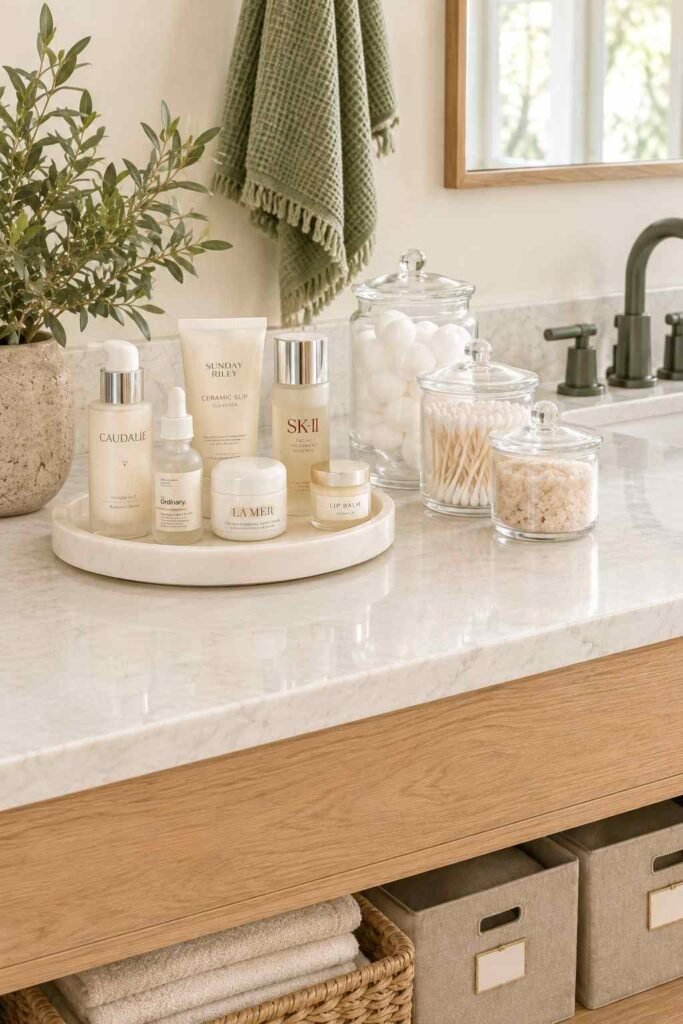 Bathroom Storage Ideas for Toiletries: 30 Smart Ways to Organize Every Space 4 Rotating organizer with skincare bottles beside glass jars of cotton and bath salts