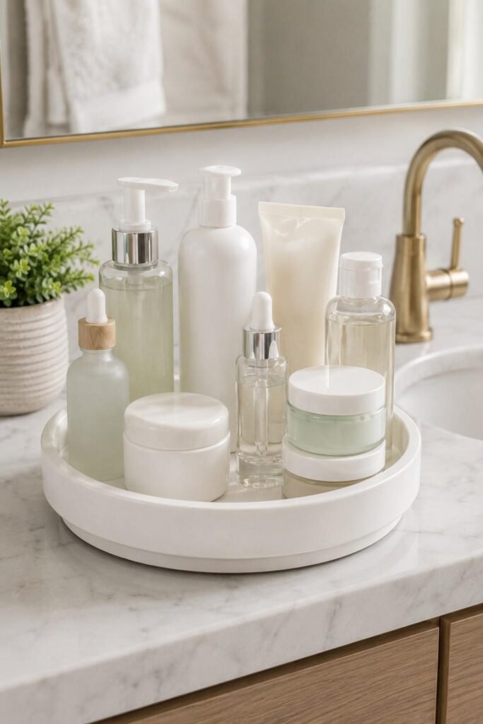 Round lazy Susan organizer holding skincare bottles on a bathroom counter