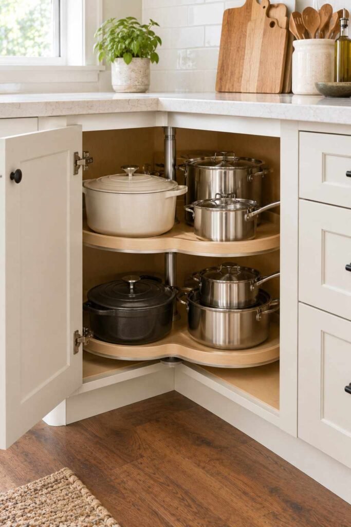 Rotating lazy Susan in a corner cabinet holding pots and a casserole dish
