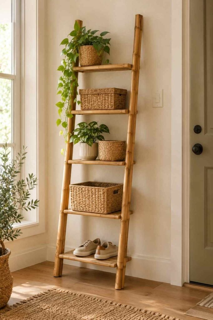 28 Beautiful Bamboo Entryway Storage Ideas for a Tidy, Natural Home 17 Leaning bamboo ladder shelf with baskets, plants, and shoes in a small apartment entry