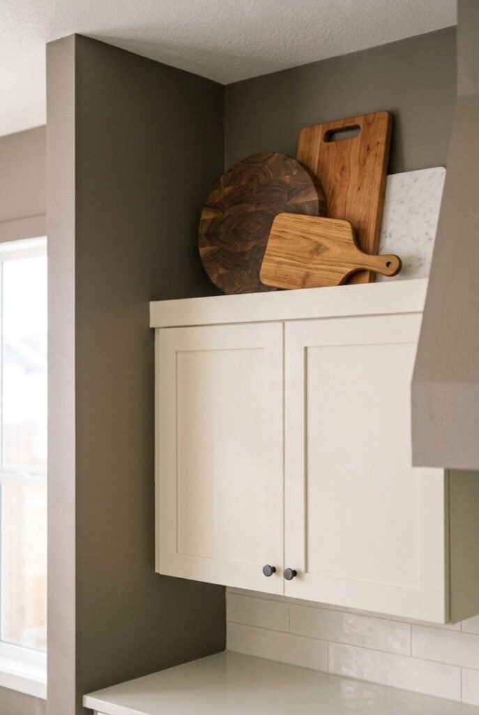 Wooden cutting boards and a marble slab leaning on top of white kitchen cabinets.