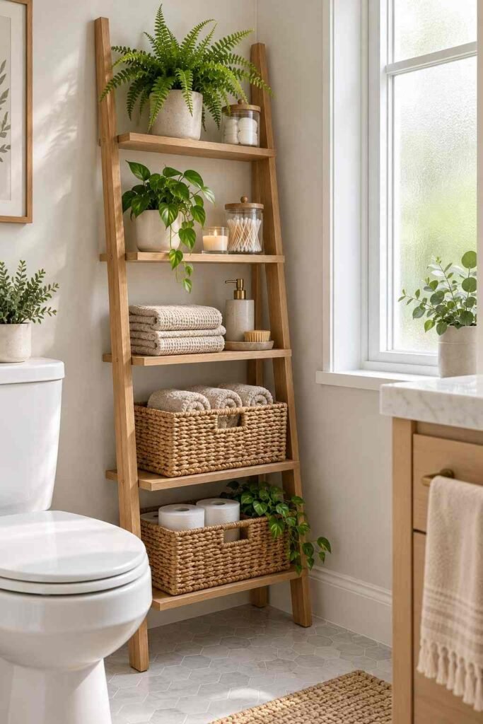 Wooden ladder shelf in a small bathroom with baskets, jars, and a fern.