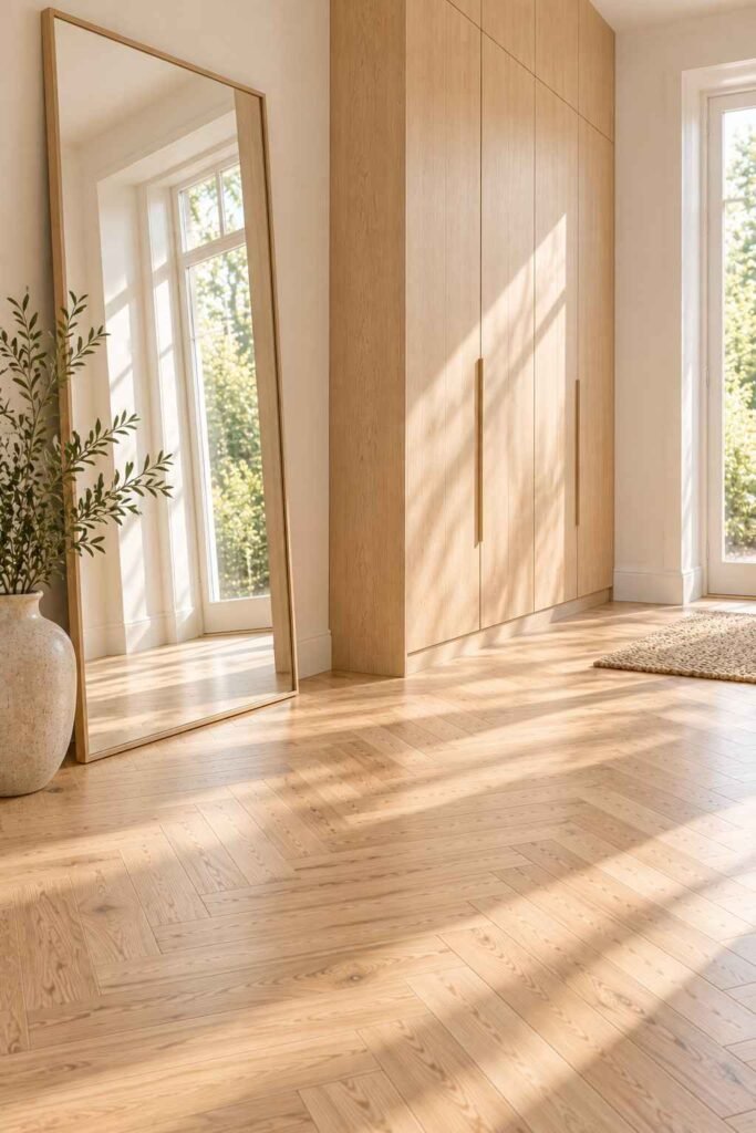 30 Scandinavian Interior Design Ideas with Wood Block Flooring for a Warm, Light-Filled Home 17 Leaning mirror and blond wood built-in storage beside a light oak parquet floor