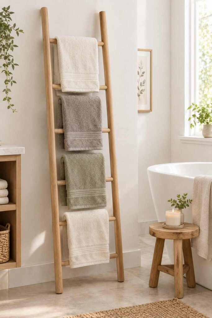 27 Bathroom Storage Ideas For Towels That Fit Into Tiny Powder Rooms to Primary Baths 8 Wooden towel ladder leaning on a wall next to a bathtub with draped towels.