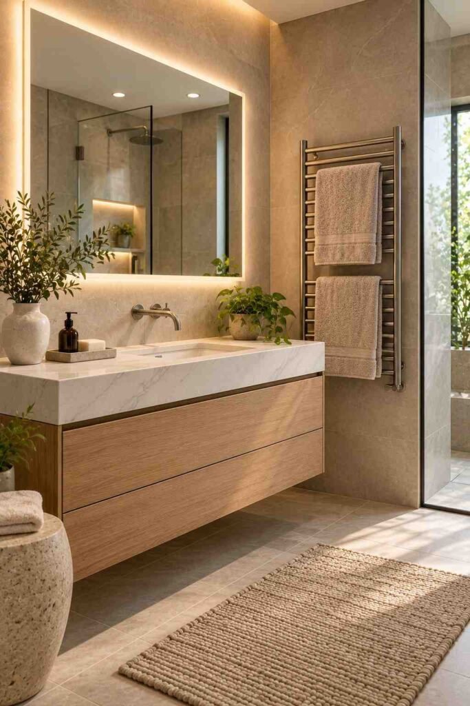 LED backlit bathroom mirror above a floating vanity with a heated towel warmer on the wall.