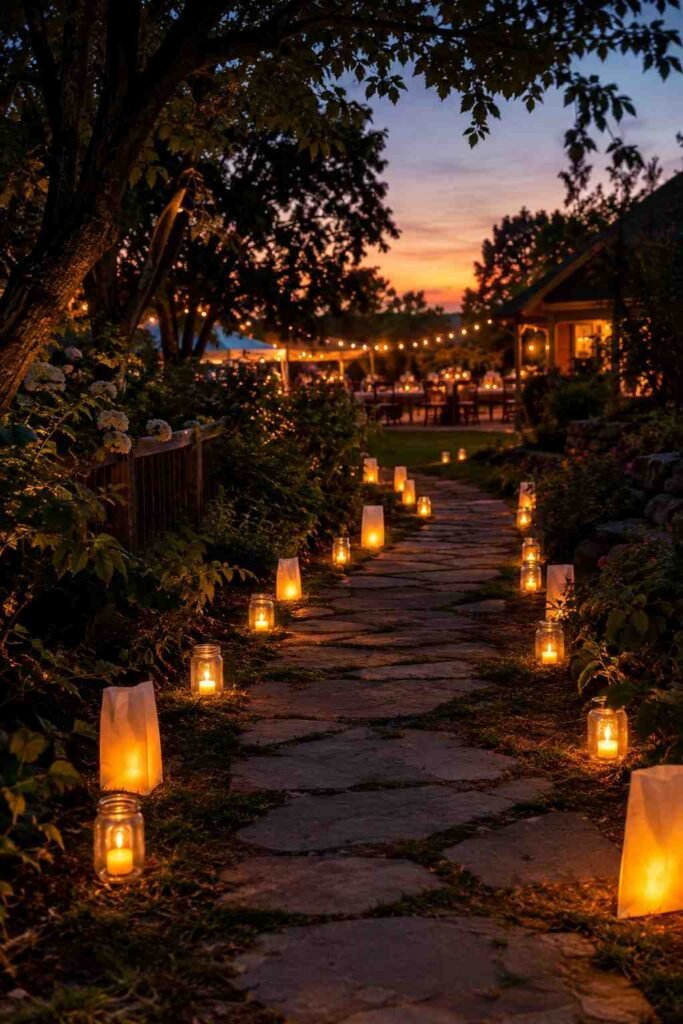 Garden path lined with LED candles in mason jars and glowing luminaries at dusk.