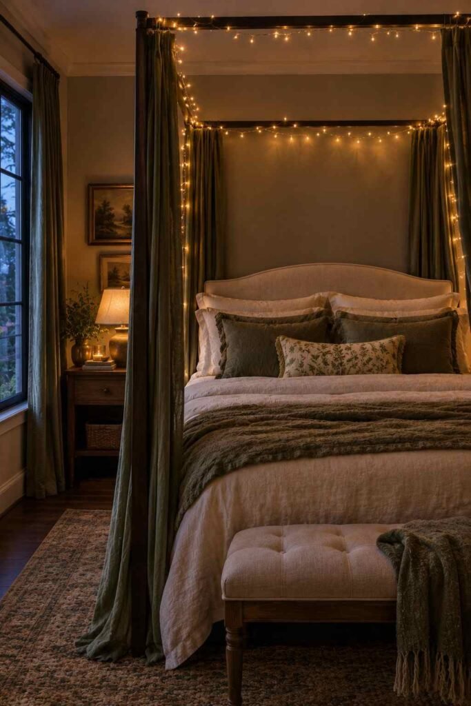 Warm LED string lights woven through a canopy bed frame at dusk, creating a firefly glow