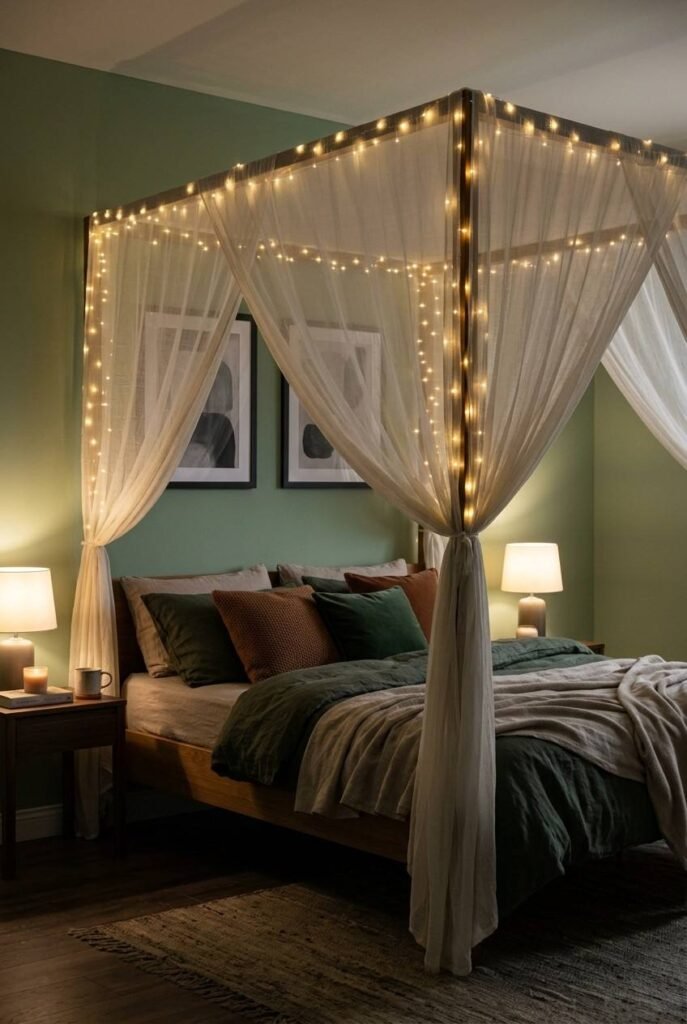 Warm LED string lights on a sheer canopy in a sage green bedroom at night.