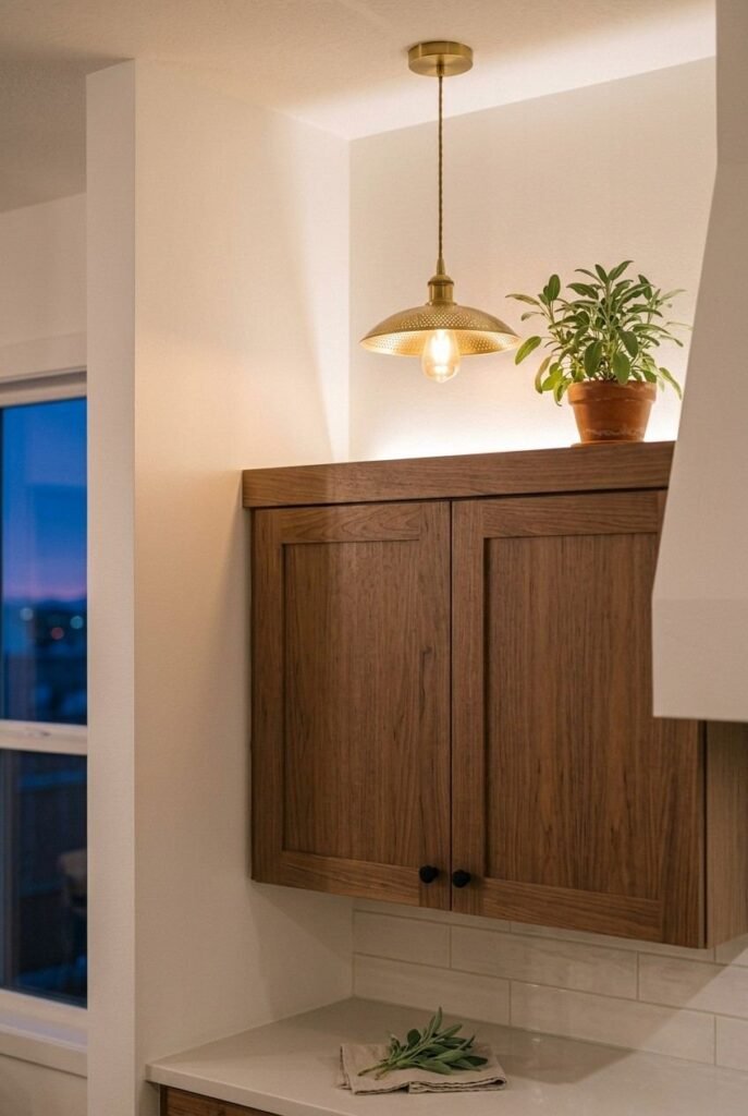 Kitchen with warm LED uplighting above walnut cabinets,