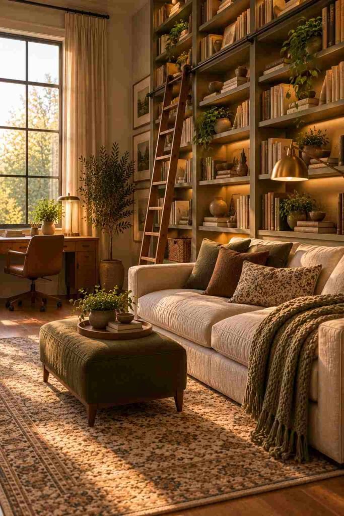 Library-style home office with floor-to-ceiling books, a rolling ladder, and a reading couch