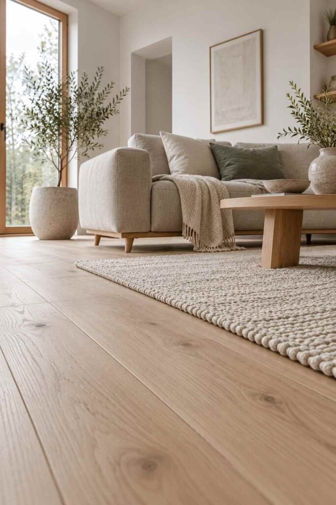 Light oak floorboards in a bright Nordic living room with a cream rug